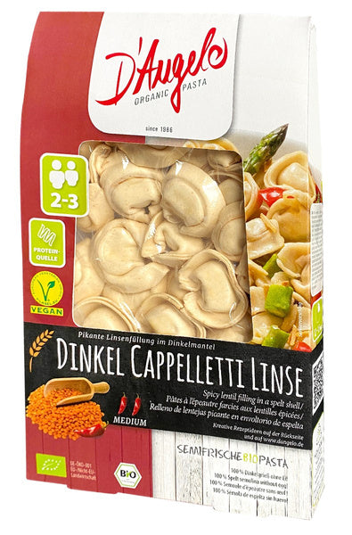 Cappelletti orkiszowe z soczewicą pikantne 250 g - D`Angelo (EKO)