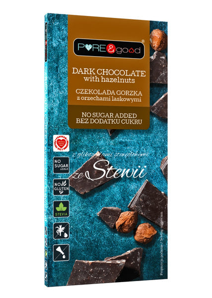 Czekolada gorzka z orzechami laskowymi ze stewią bez dodatku cukru bezglutenowa 125 g - PURE&Good