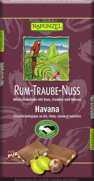 Czekolada mleczna z rodzynkami rumem i orzechami laskowymi fair trade 100 g - Rapunzel (EKO)