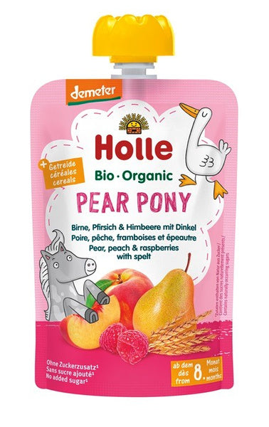 Mus w tubce gruszkowy kucyk gruszka brzoskwinia malina orkisz bez dodatku cukru od 8 msc.100g - Holle (EKO)