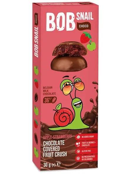 Przekąska bob snail choco jabłko truskawka w mlecznej czekoladzie bielgijskiej bez dodatku cukru bezglutenowa 30 g - Bob Snail