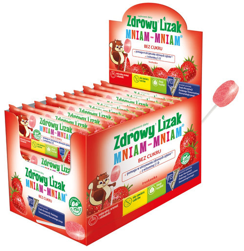 Lizak truskawkowy z wit. D i C zdrowy lizak bezglutenowy 6 g - Mniam Mniam
