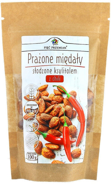 Migdały prażone z chili słodzone ksylitolem bezglutenowe 100 g - Pięć Przemian
