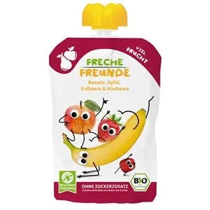 Mus banan jabłko truskawka malina bez dodatku cukru bezglutenowy od 6 msc. 100 g - Freche Freunde (EKO)