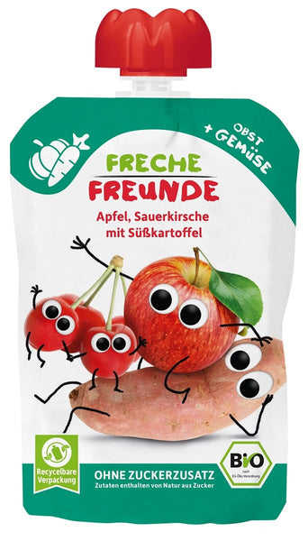 Mus jabłko wiśnia batat bez dodatku cukru bezglutenowy od 6 msc. 100 g - Freche Freunde (EKO)