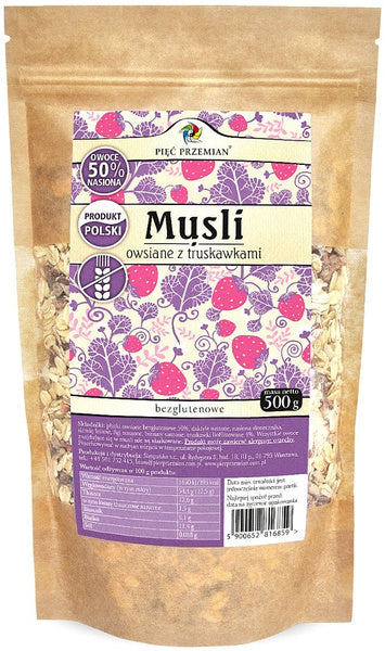 Musli truskawkowe owsiane bezglutenowe 500 g - Pięć Przemian