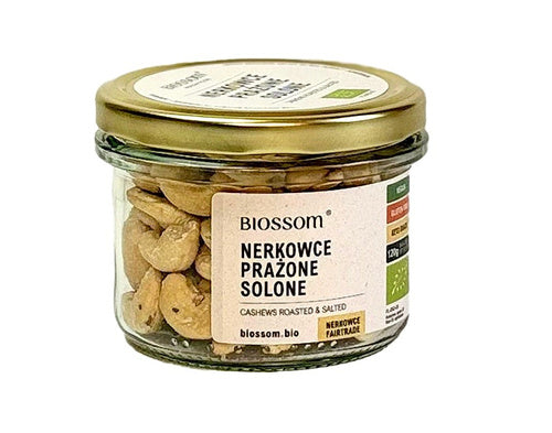 Orzechy nerkowca prażone i solone w słoiku bezglutenowe 120 g - Biossom (EKO)