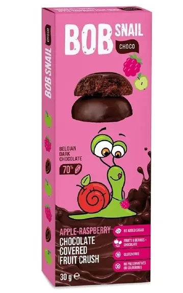 Przekąska bob snail choco jabłko malina w ciemnej czekoladzie belgijskiej bez dodatku cukru bezglutenowa 30 g - Bob Snail